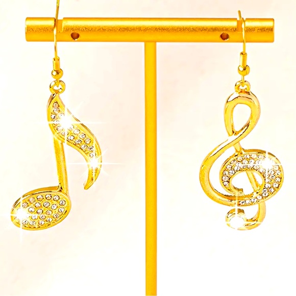 Musical notes rhinestones gold tone dangle earrings NWT - Picture 2 of 7